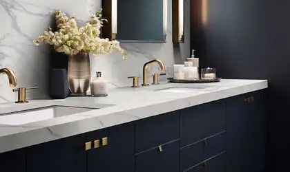 Image of installed Q Quartz Calacatta Anava White Quartz countertops