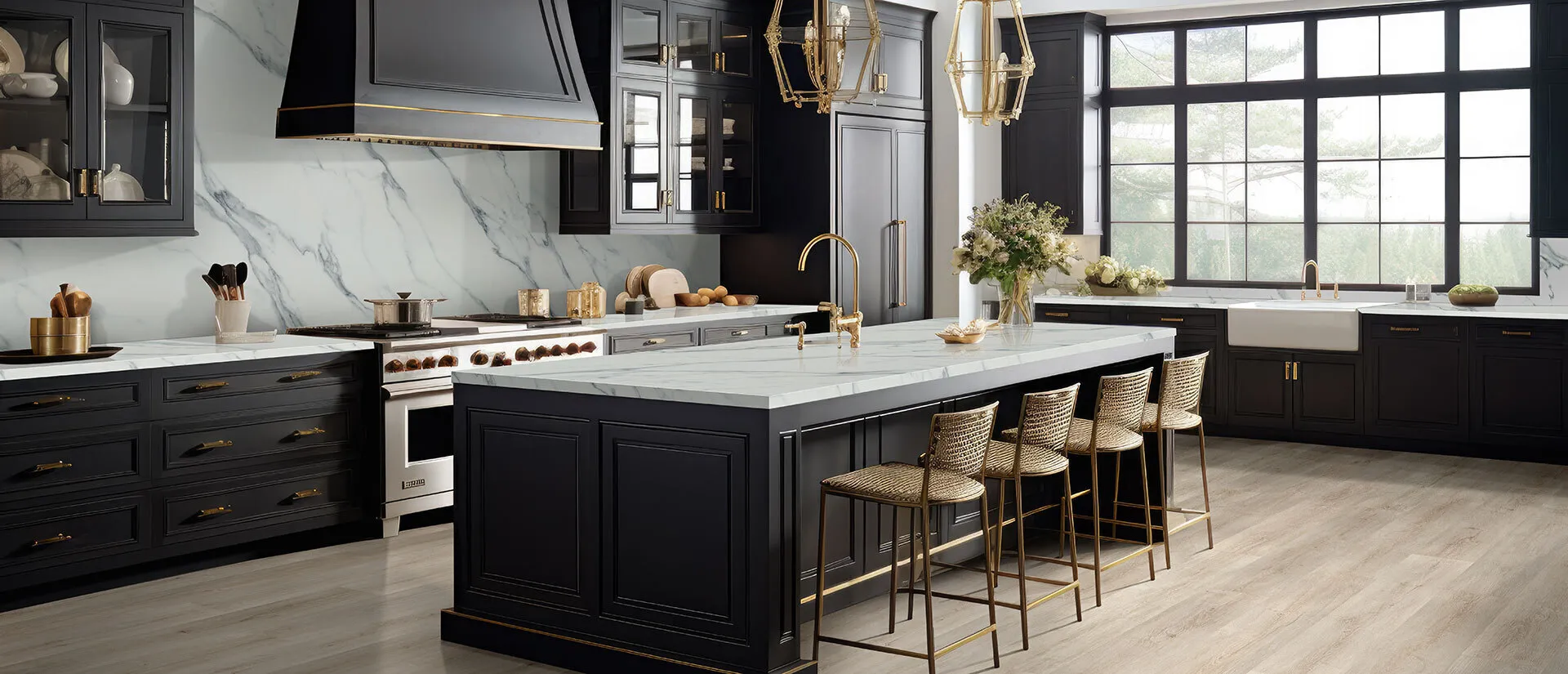 Image of installed Q Quartz Calacatta Anava White Quartz countertops
