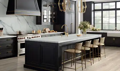 Image of installed Q Quartz Calacatta Anava White Quartz countertops