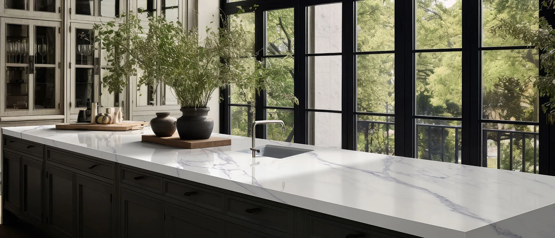 Image of installed Q Quartz Calacatta Anava White Quartz countertops