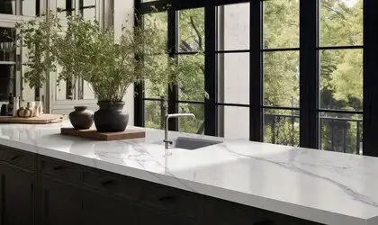 Image of installed Q Quartz Calacatta Anava White Quartz countertops