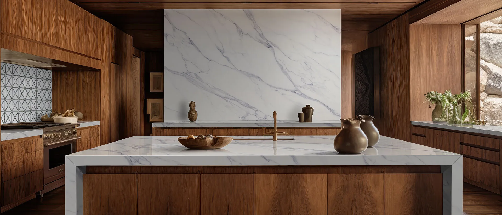 Image of installed Q Quartz Calacatta Anava White Quartz countertops