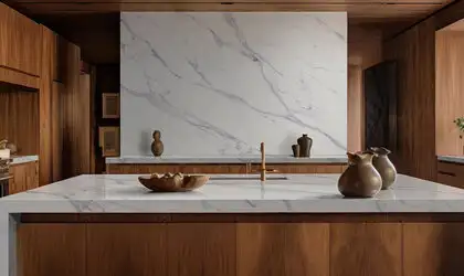 Image of installed Q Quartz Calacatta Anava White Quartz countertops