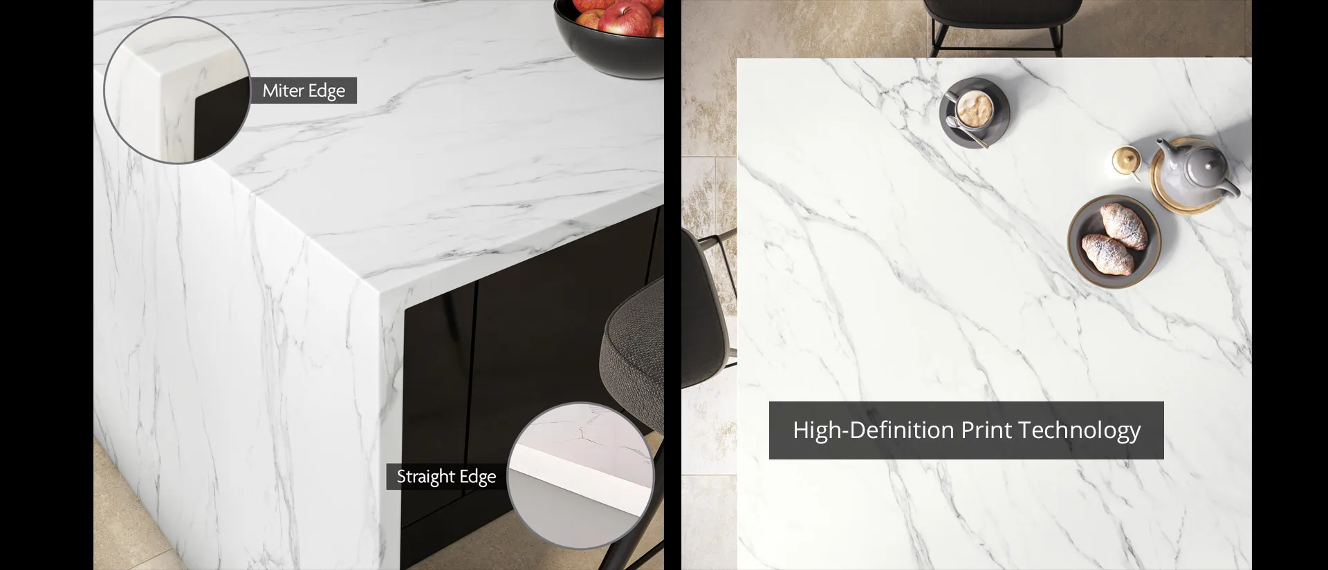 Image of installed Q Quartz Calacatta Anava White Quartz countertops