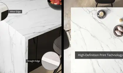 Image of installed Q Quartz Calacatta Anava White Quartz countertops