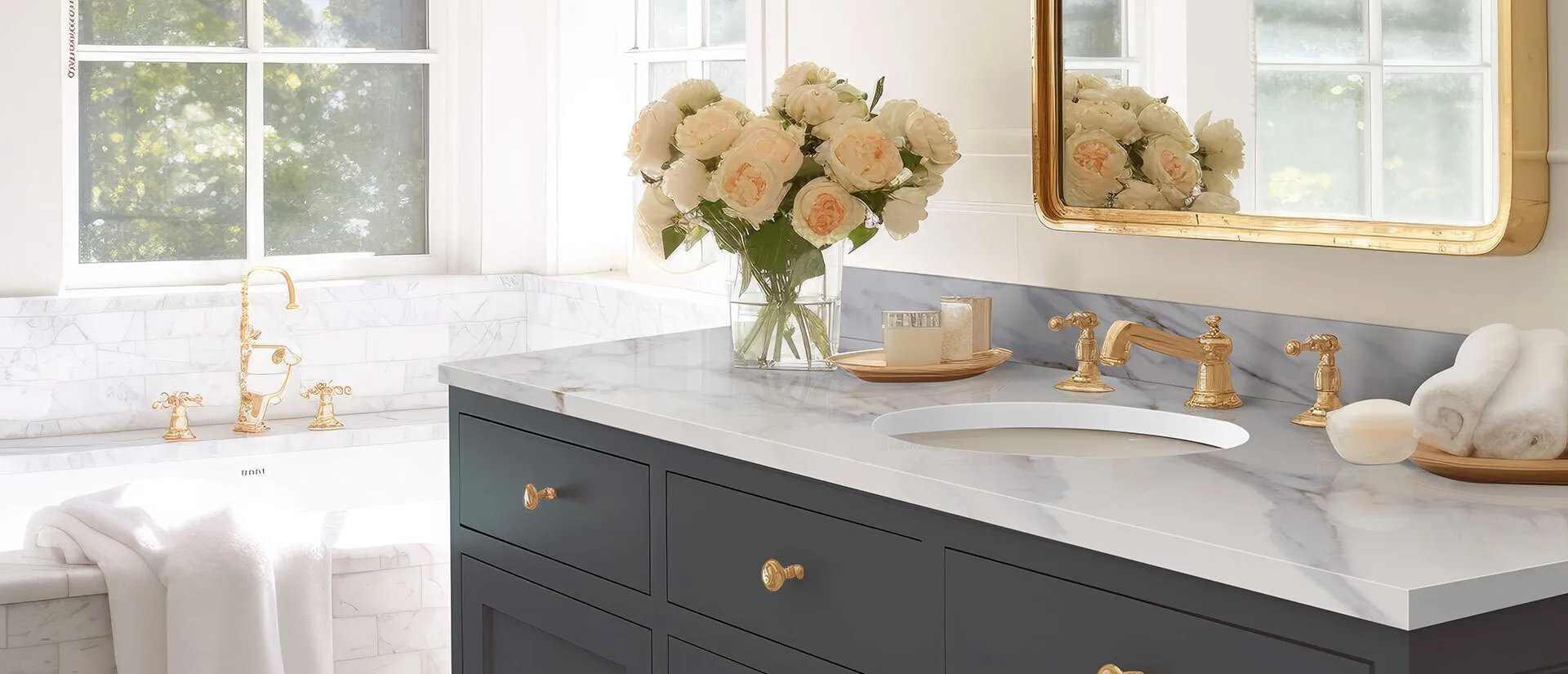 Image of installed Q Quartz Calacatta Castana White Quartz countertops