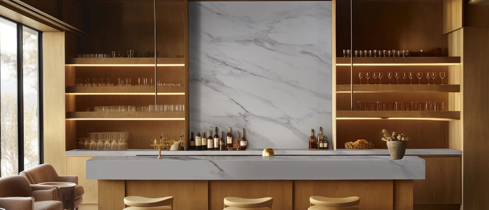 Image of installed Q Quartz Calacatta Castana White Quartz countertops