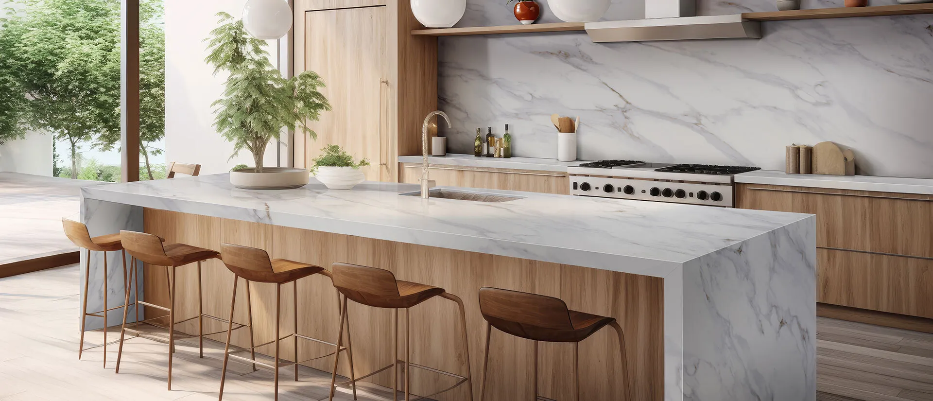 Image of installed Q Quartz Calacatta Castana White Quartz countertops