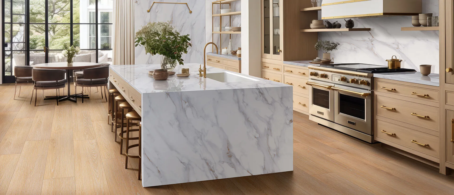 Image of installed Q Quartz Calacatta Castana White Quartz countertops