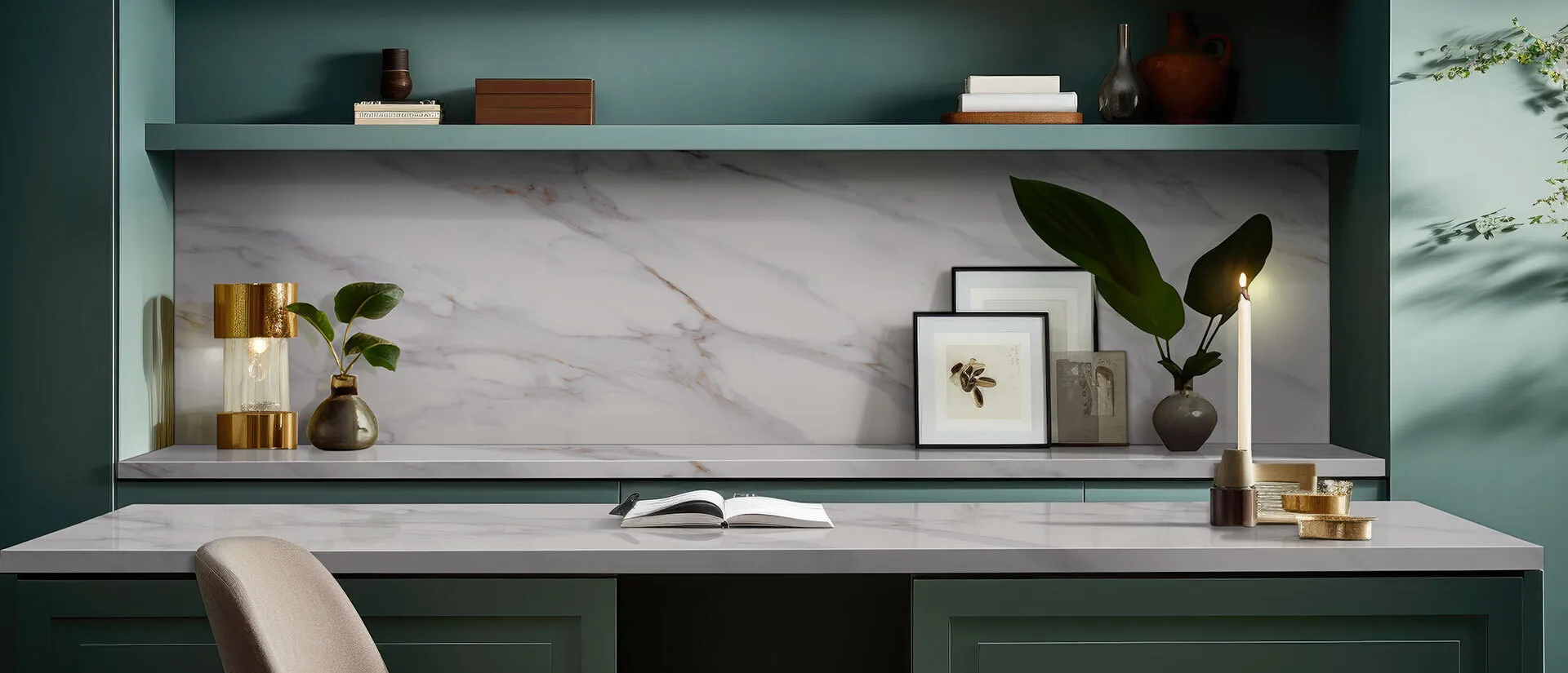 Image of installed Q Quartz Calacatta Castana White Quartz countertops