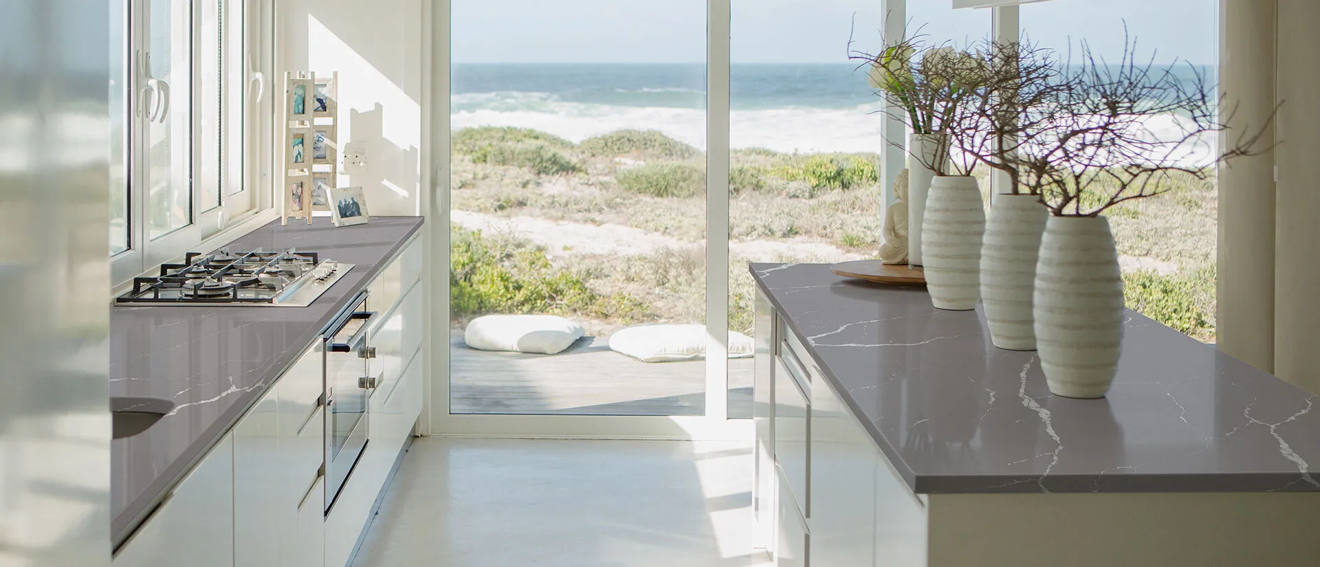 Image of installed Q Quartz Calacatta Laza Grigio Grey Quartz countertops
