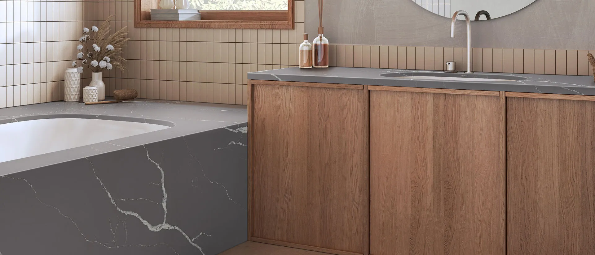 Image of installed Q Quartz Calacatta Laza Grigio Grey Quartz countertops