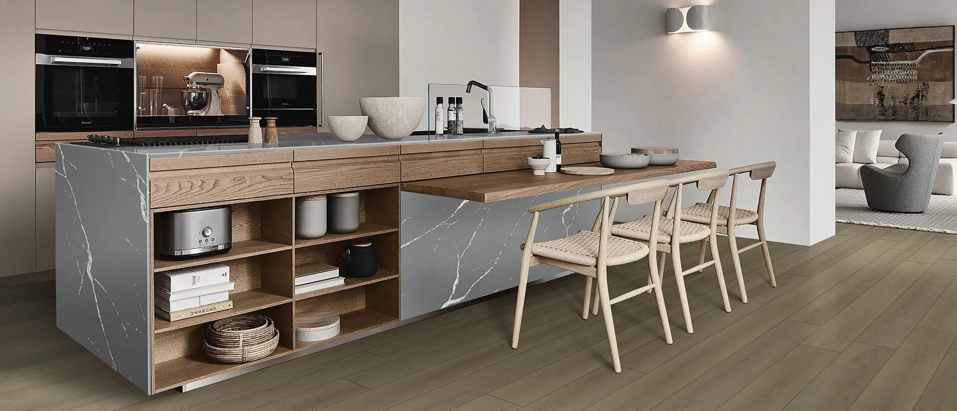 Image of installed Q Quartz Calacatta Laza Grigio Grey Quartz countertops