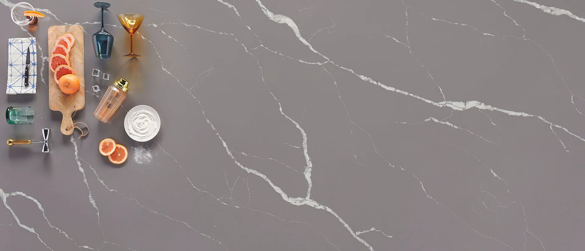 Image of installed Q Quartz Calacatta Laza Grigio Grey Quartz countertops