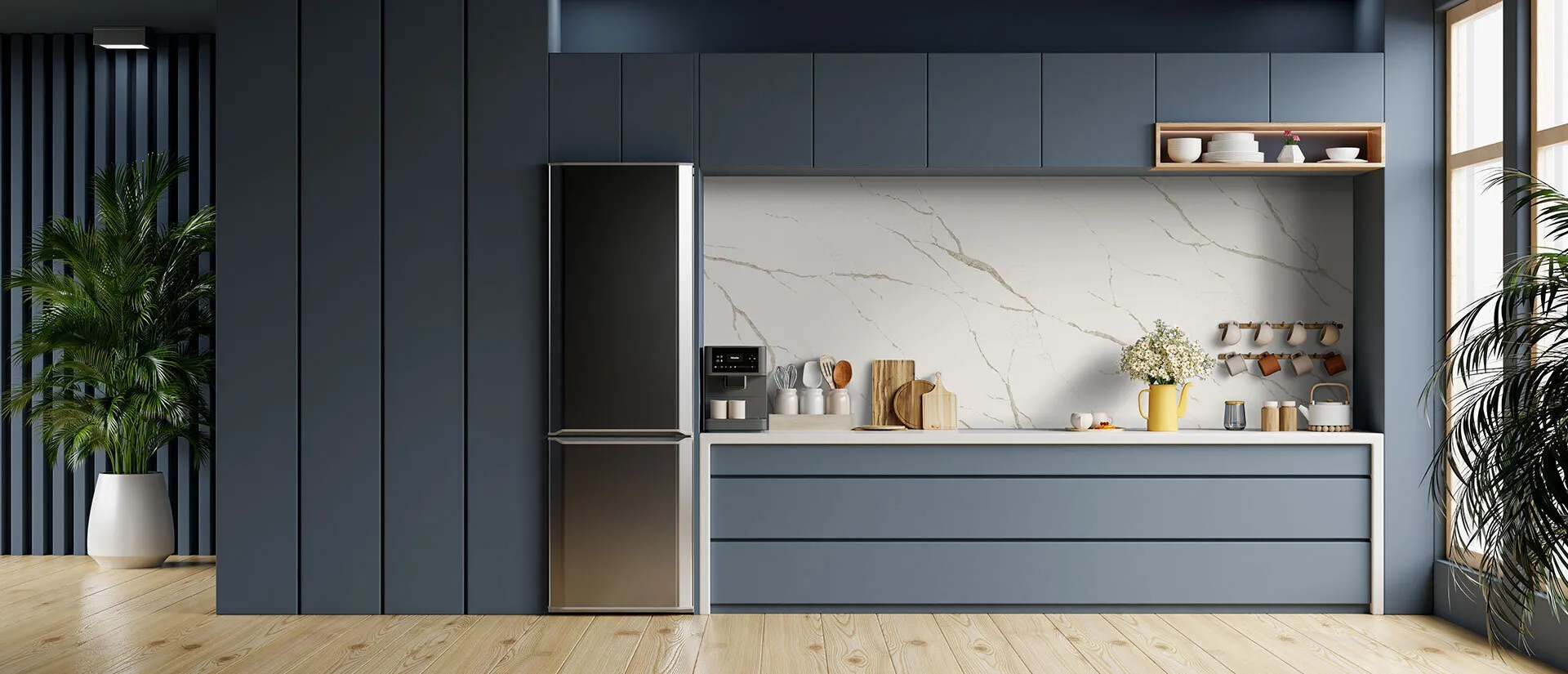Image of installed Q Quartz Calacatta Laza Oro White Quartz countertops