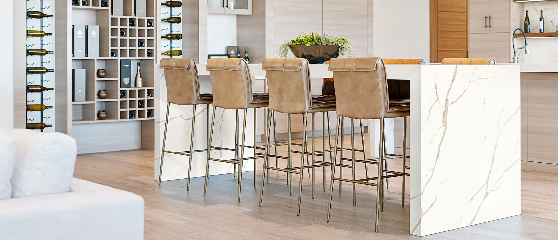 Image of installed Q Quartz Calacatta Laza Oro White Quartz countertops