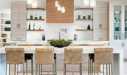 Image of installed Q Quartz Calacatta Laza Oro White Quartz countertops