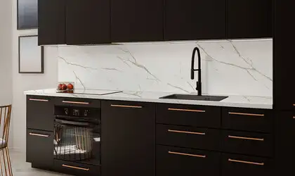 Image of installed Q Quartz Calacatta Laza Oro White Quartz countertops