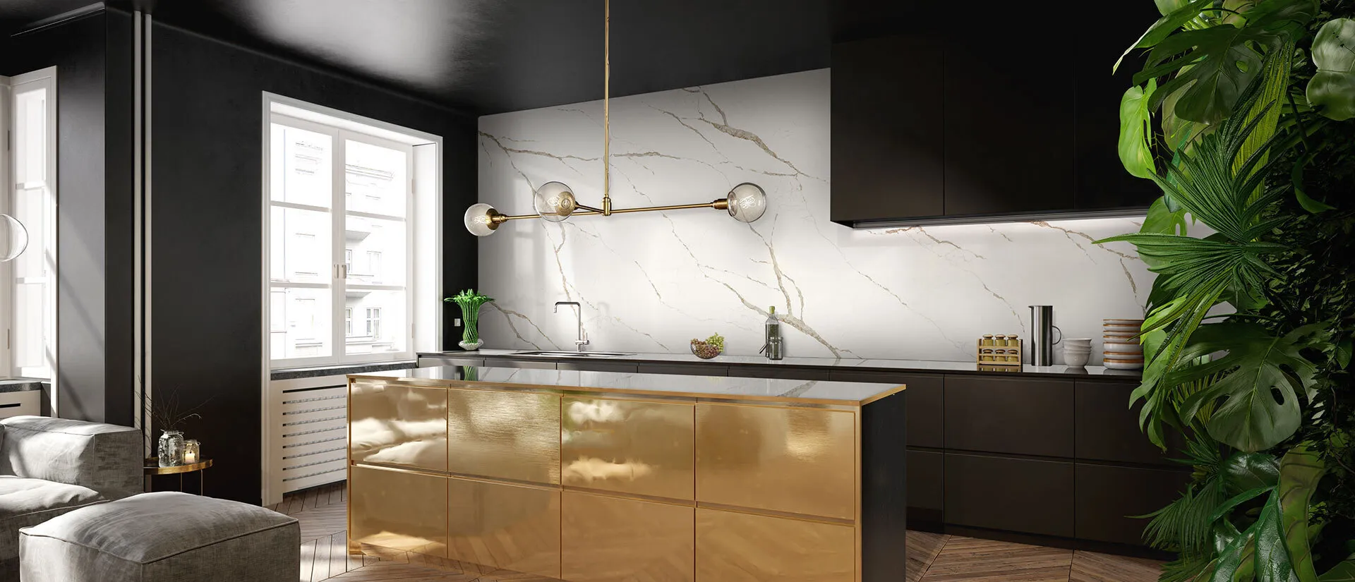 Image of installed Q Quartz Calacatta Laza Oro White Quartz countertops