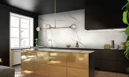 Image of installed Q Quartz Calacatta Laza Oro White Quartz countertops