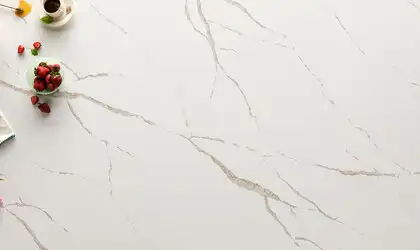 Image of installed Q Quartz Calacatta Laza Oro White Quartz countertops