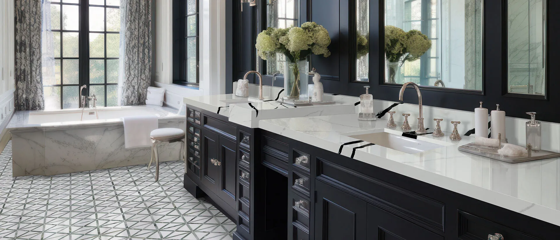 Image of installed Q Quartz Calacatta Lumanyx White Quartz countertops