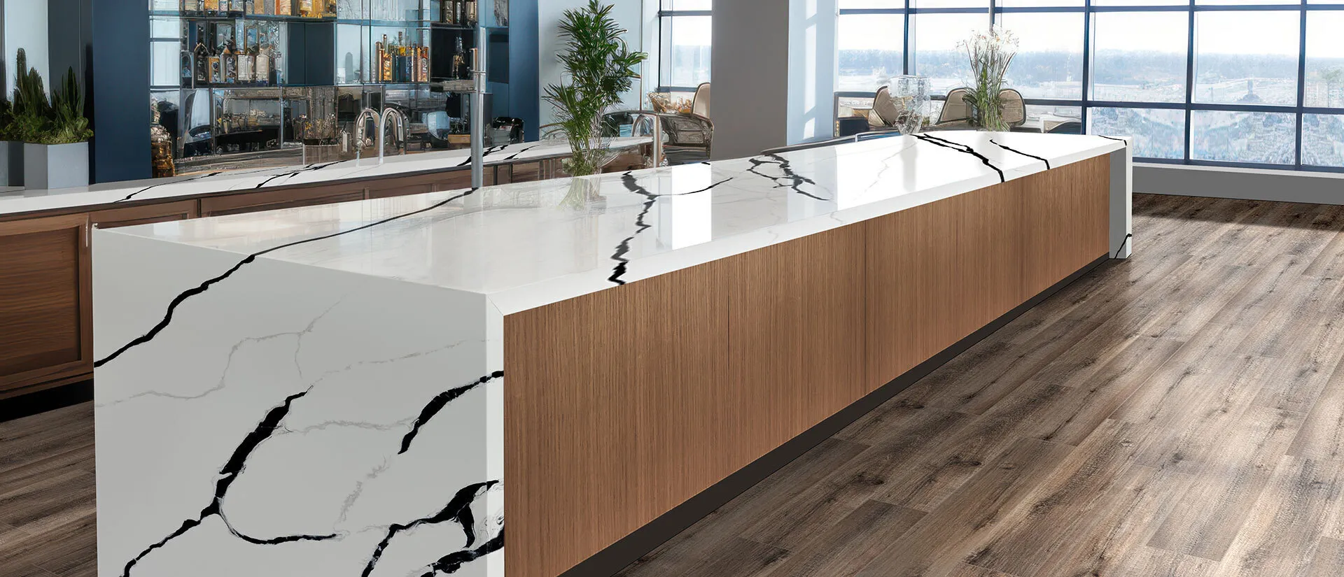 Image of installed Q Quartz Calacatta Lumanyx White Quartz countertops