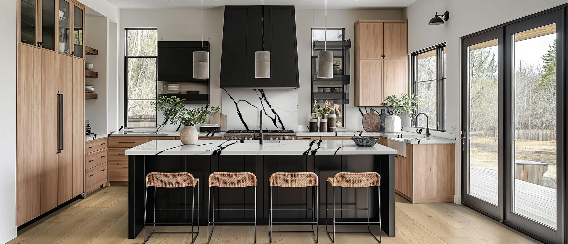 Image of installed Q Quartz Calacatta Lumanyx White Quartz countertops