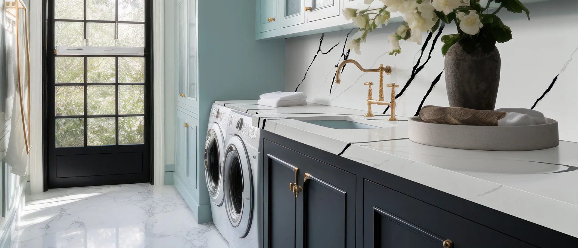 Image of installed Q Quartz Calacatta Lumanyx White Quartz countertops