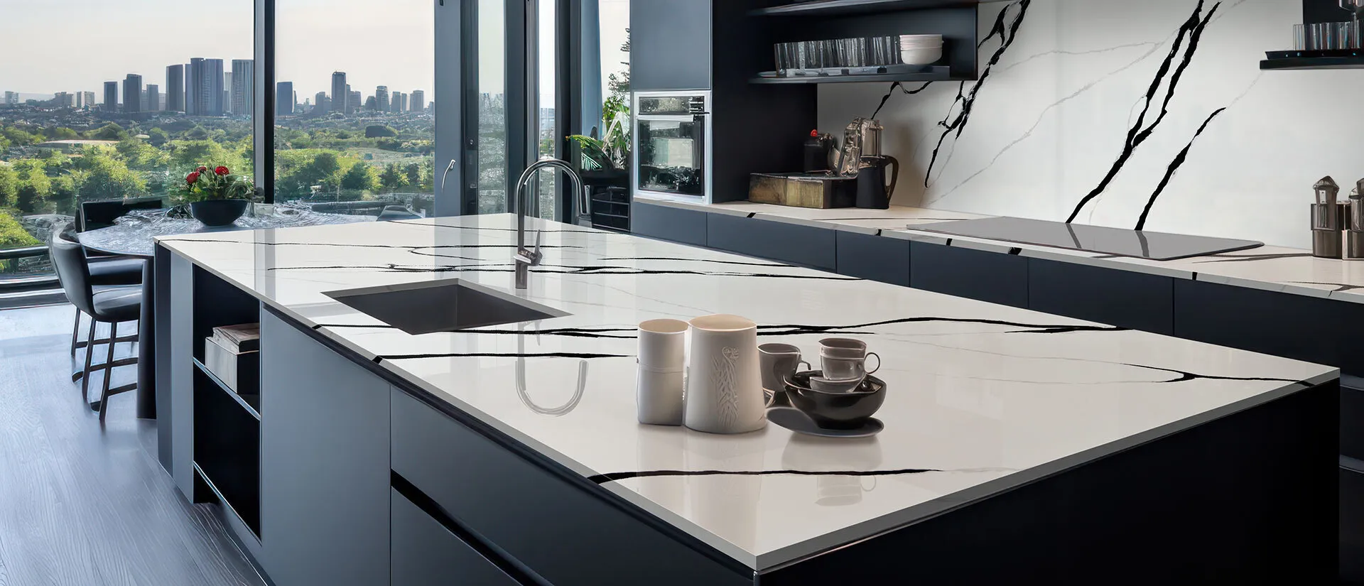 Image of installed Q Quartz Calacatta Lumanyx White Quartz countertops