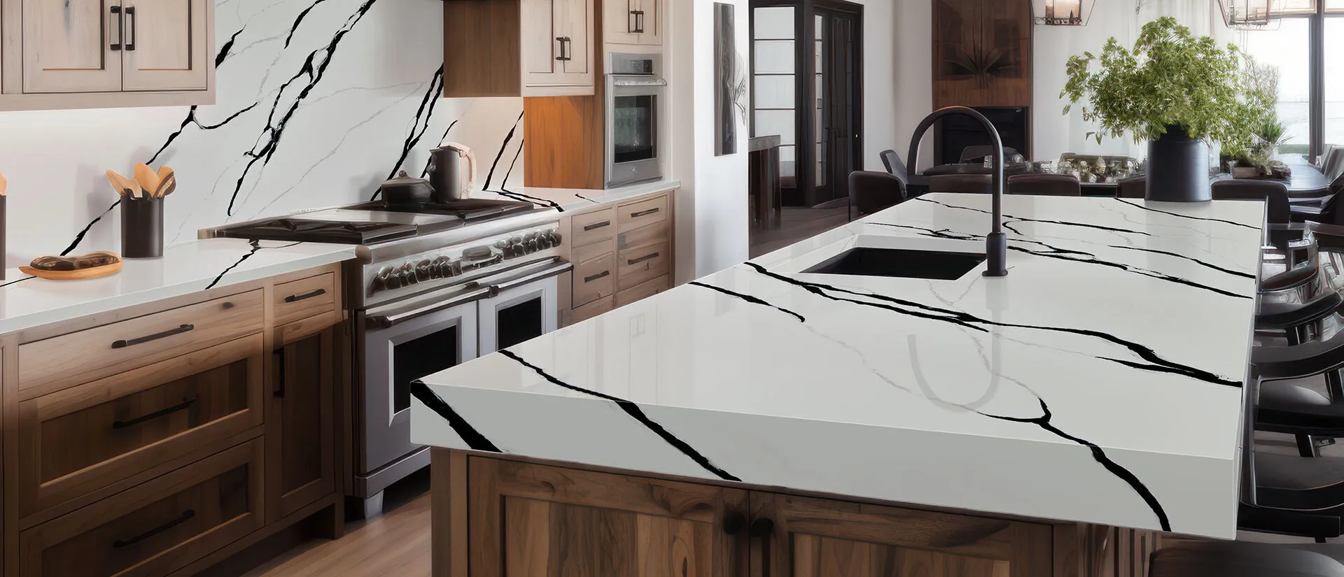 Image of installed Q Quartz Calacatta Lumanyx White Quartz countertops