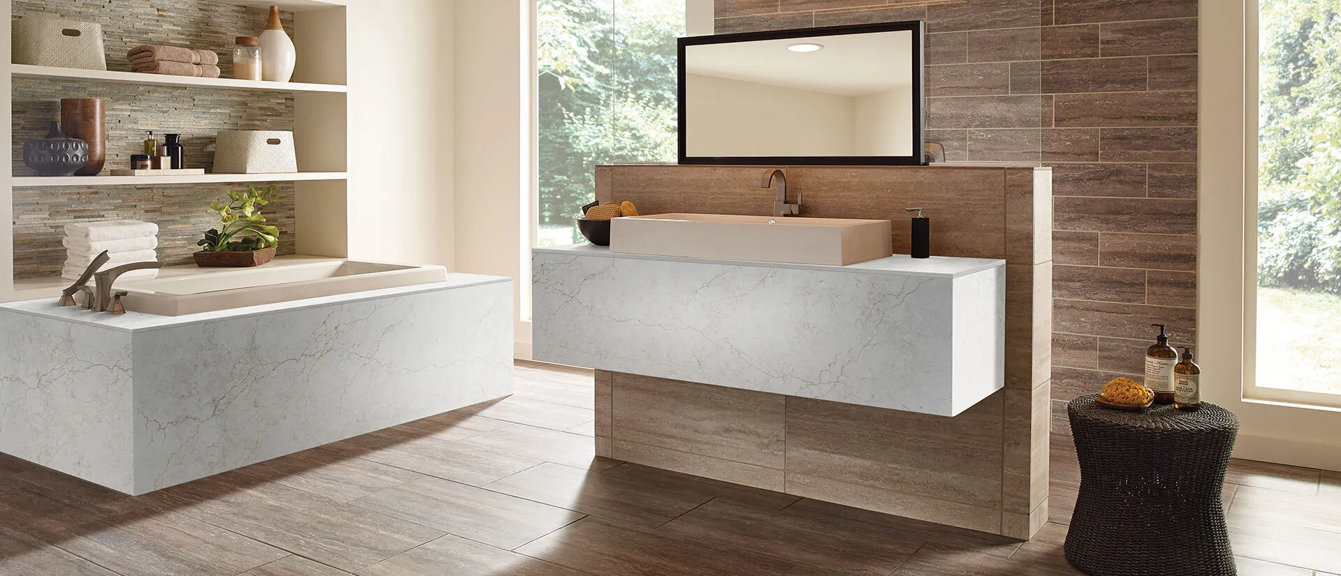 Image of installed Q Quartz Calacatta Miraggio Cove White Quartz countertops