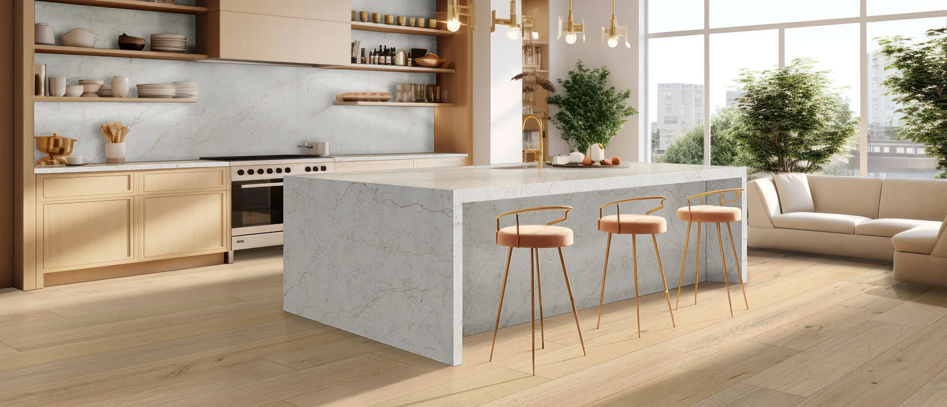 Image of installed Q Quartz Calacatta Miraggio Cove White Quartz countertops