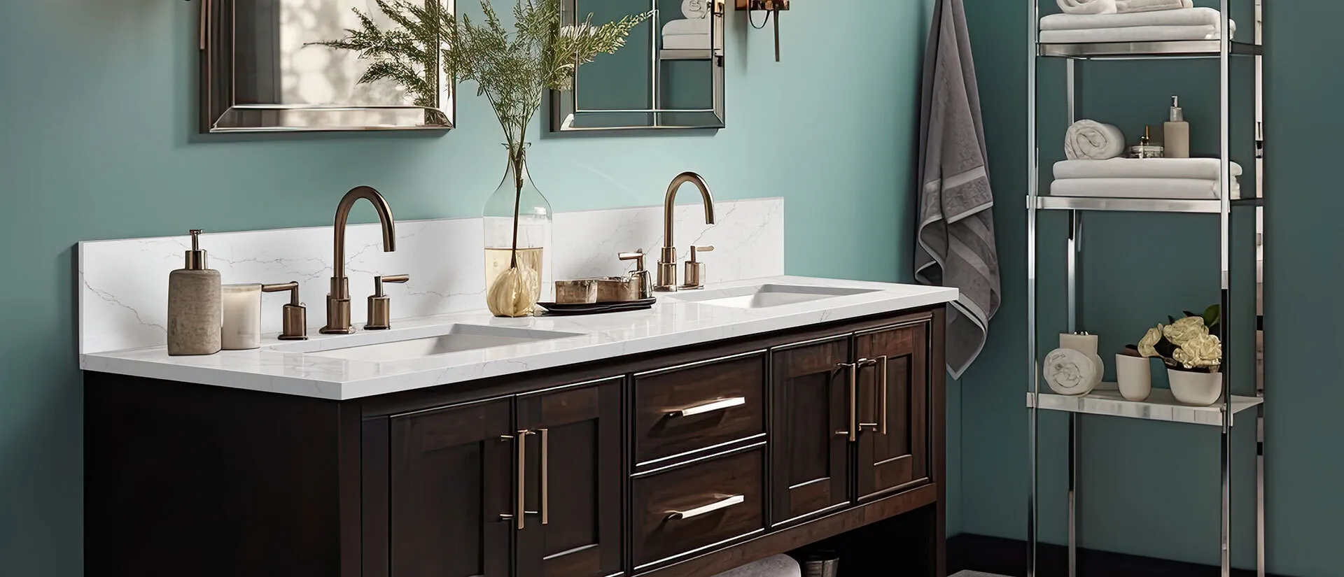 Image of installed Q Quartz Calacatta Miraggio Seaglass Quartz countertops