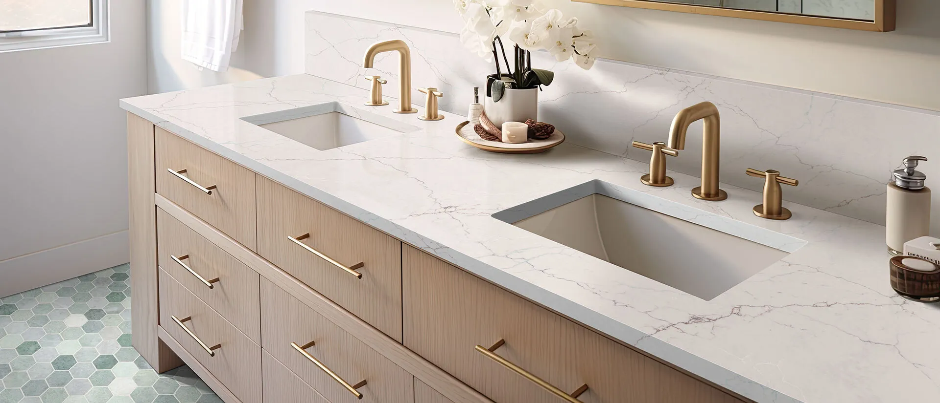 Image of installed Q Quartz Calacatta Miraggio Seaglass Quartz countertops