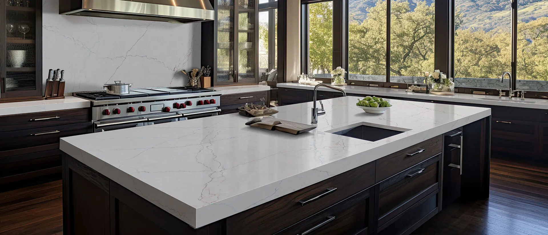 Image of installed Q Quartz Calacatta Miraggio Seaglass Quartz countertops