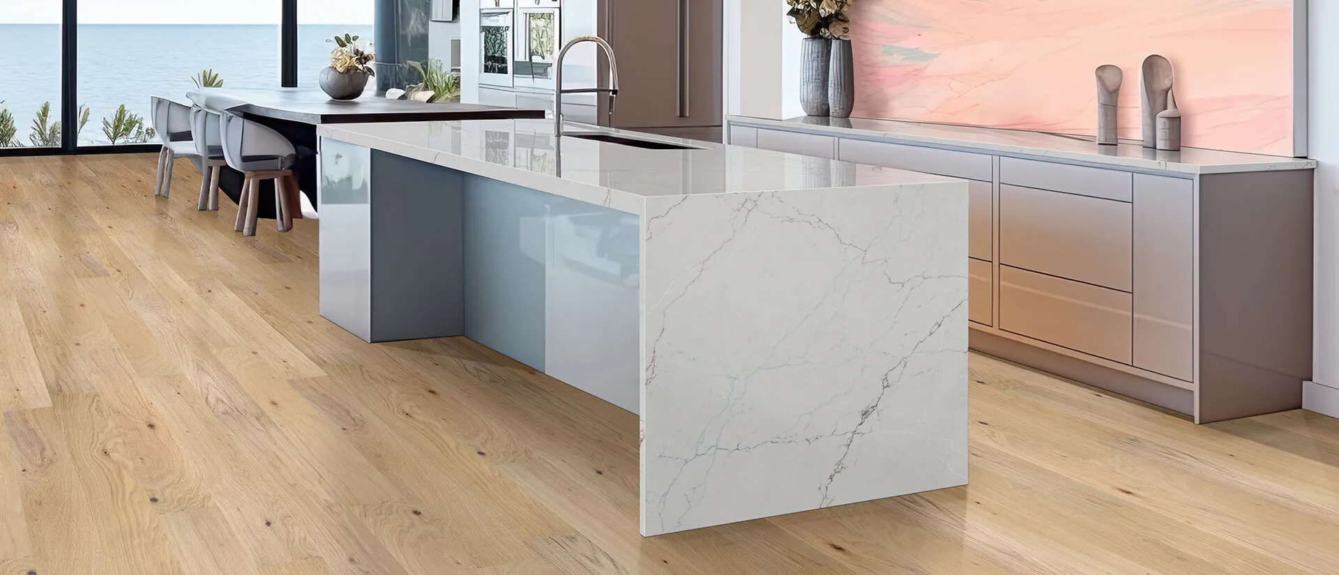 Image of installed Q Quartz Calacatta Miraggio Seaglass Quartz countertops