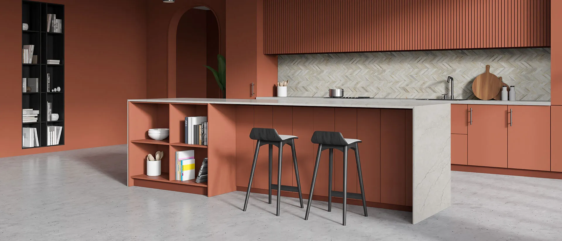 Image of installed Q Quartz Calacatta Miraggio Sienna White Quartz countertops