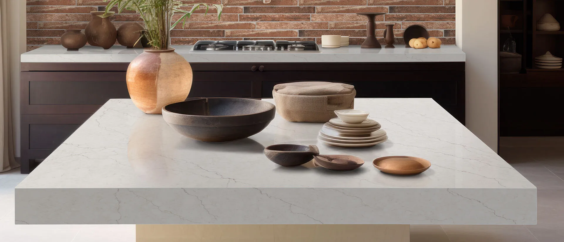 Image of installed Q Quartz Calacatta Miraggio Sienna White Quartz countertops
