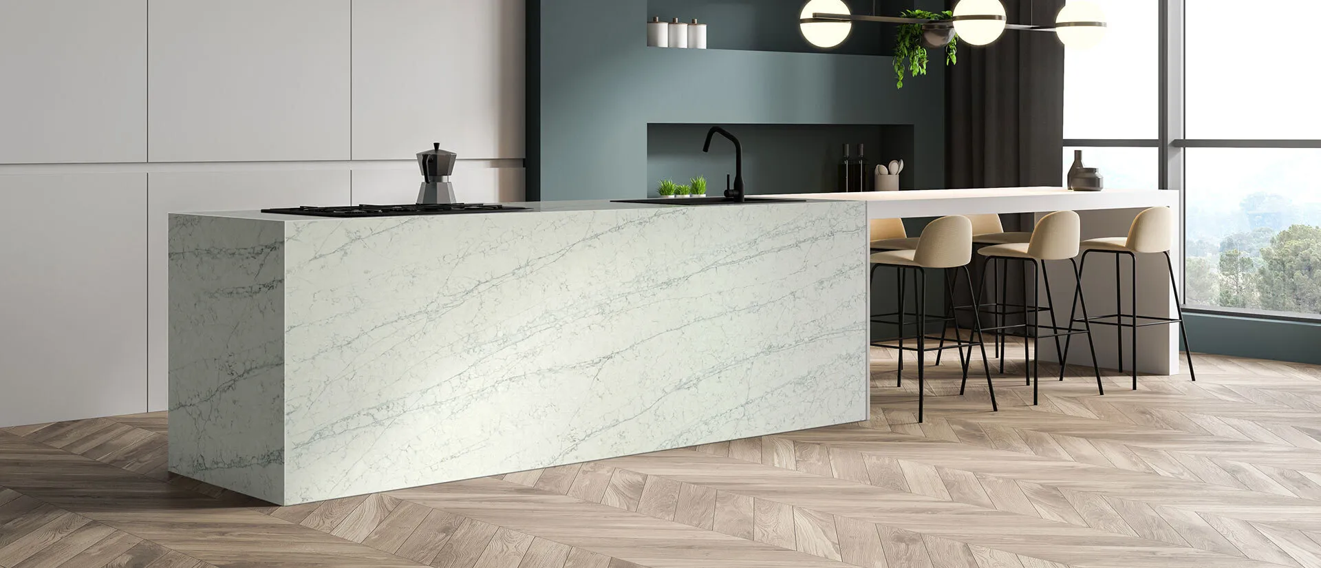 Image of installed Q Quartz Azurmatt White Quartz countertops