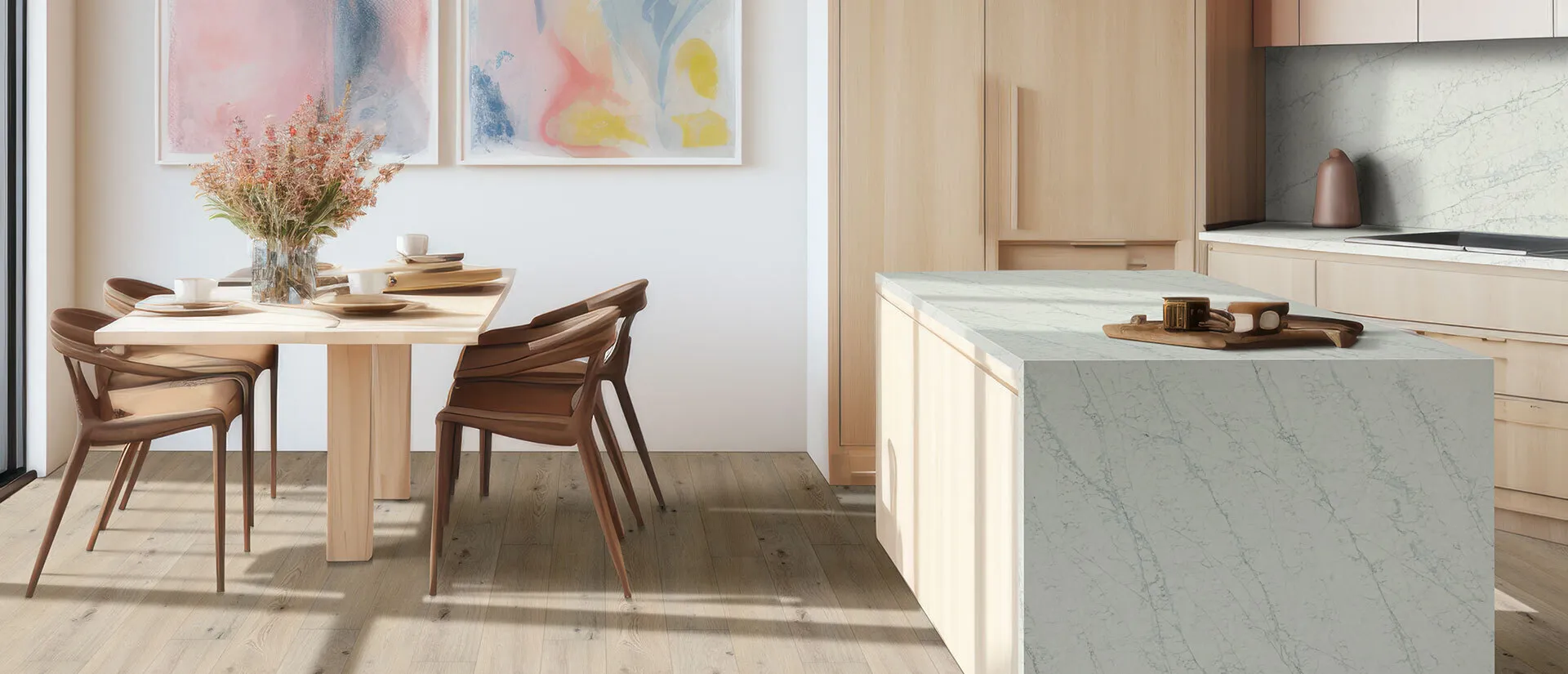 Image of installed Q Quartz Azurmatt White Quartz countertops