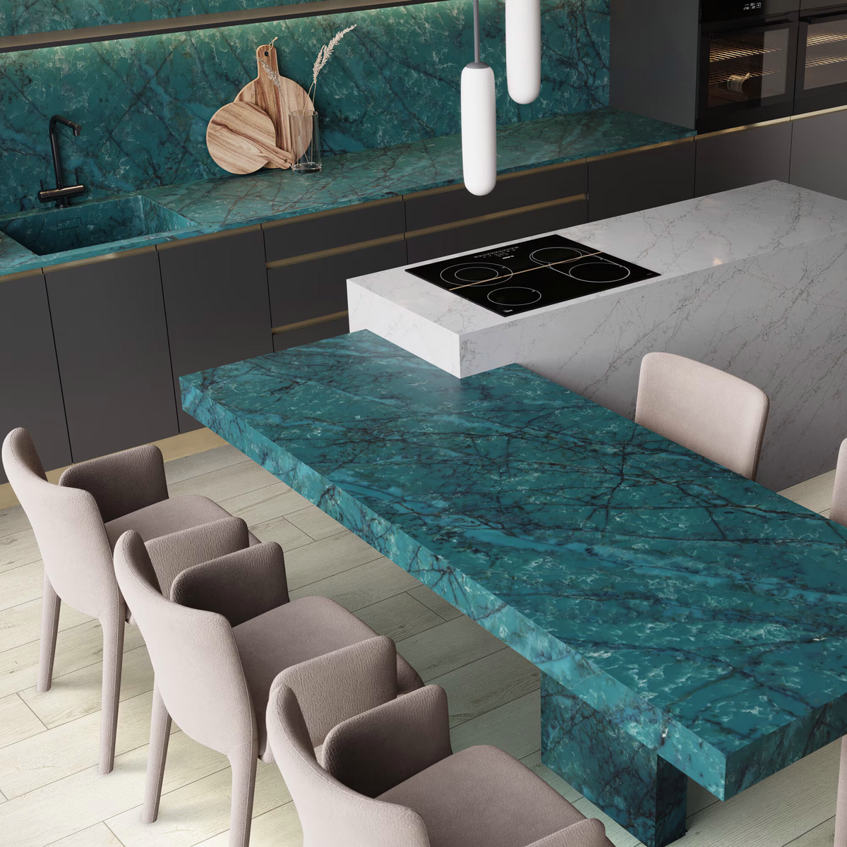 Image of installed Daltile Amazonite Grey Green Quartz countertops