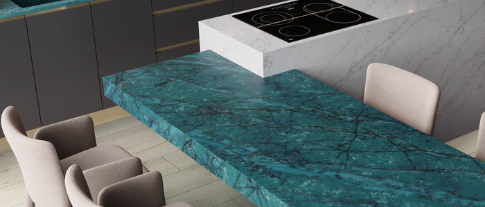 Image of installed Daltile Amazonite Grey Green Quartz countertops