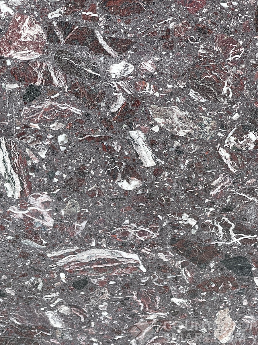 Closeup image of Cherry Mist Grey Glass Terrazzo countertop slab
