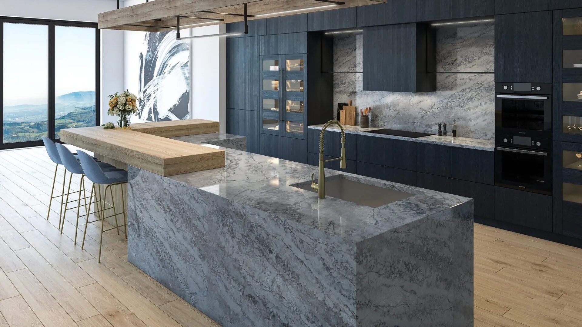 Image of installed PentalQuartz Atlantis Azul Grey Quartz countertops