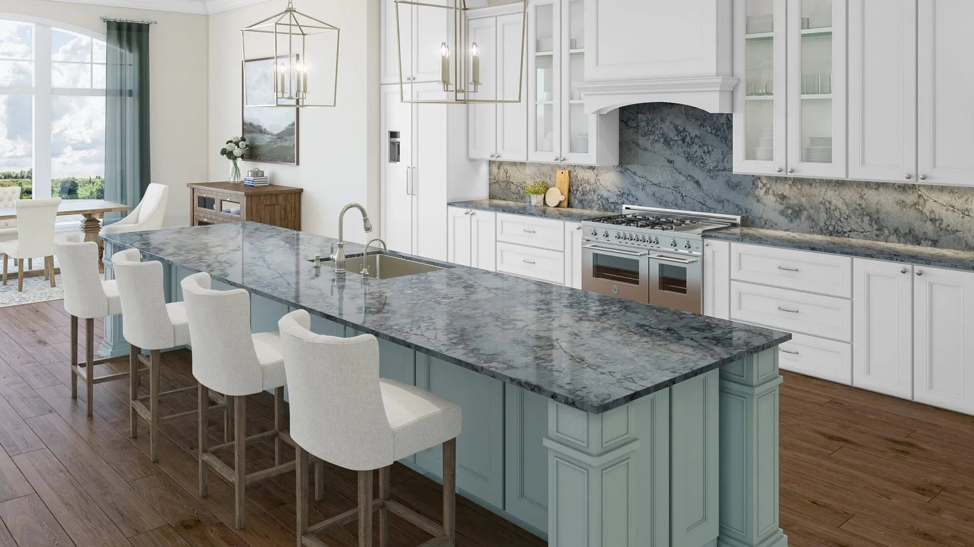 Image of installed PentalQuartz Atlantis Azul Grey Quartz countertops