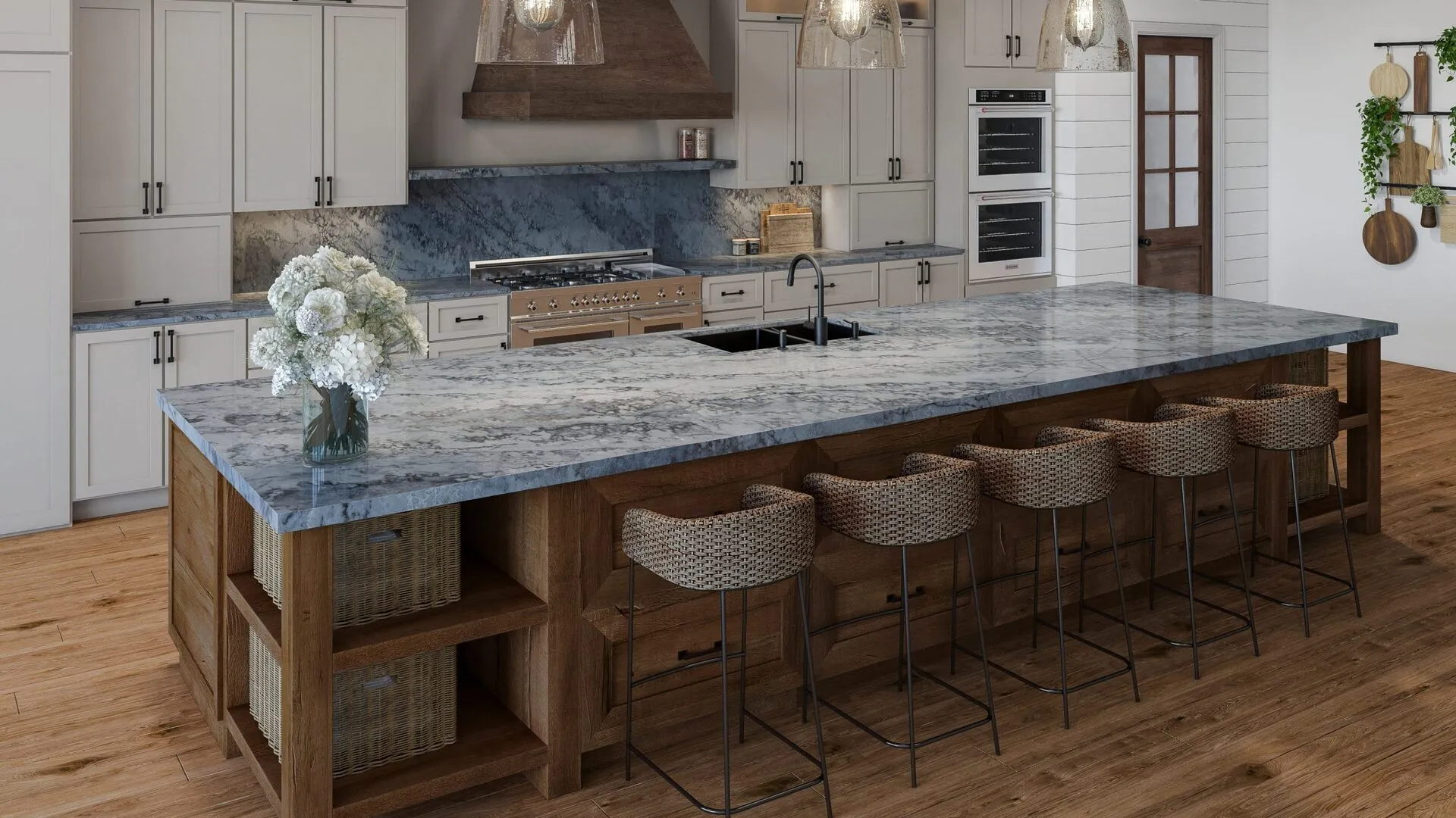 Image of installed PentalQuartz Atlantis Azul Grey Quartz countertops