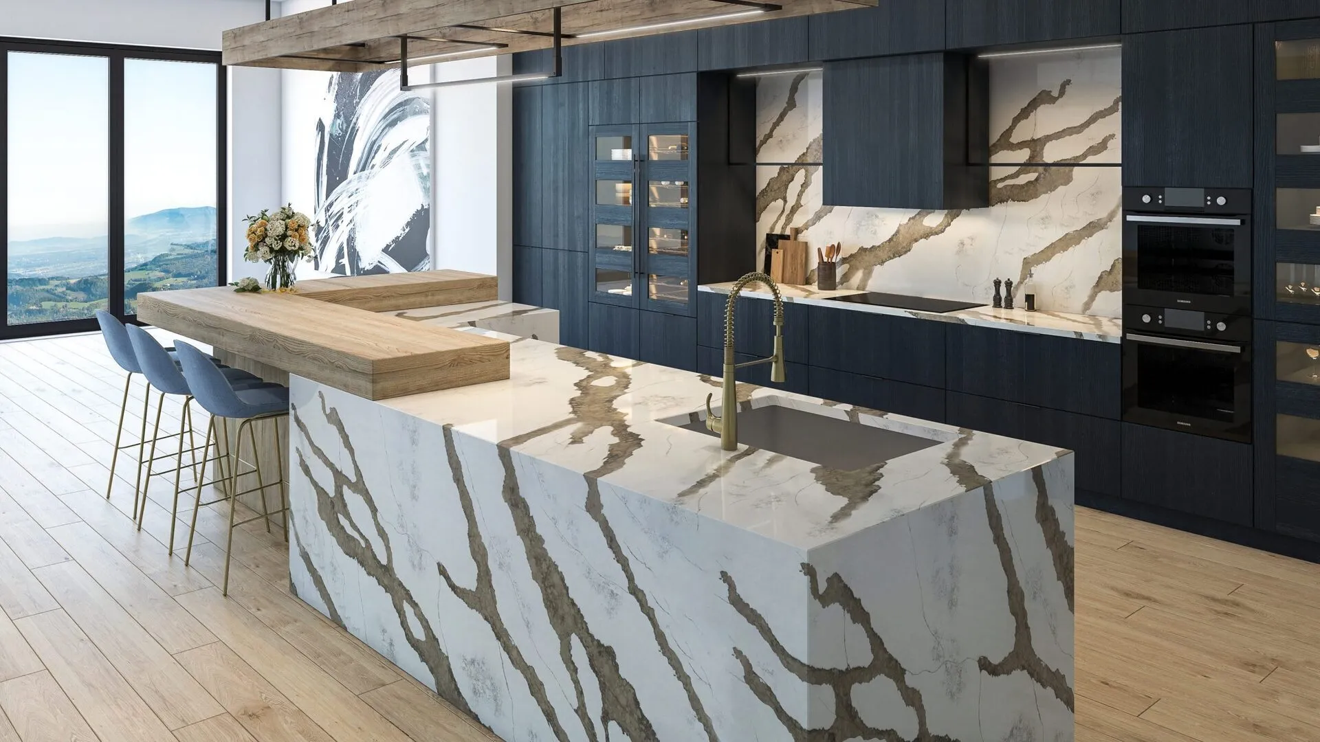 Image of installed PentalQuartz Atlas Ember White Quartz countertops