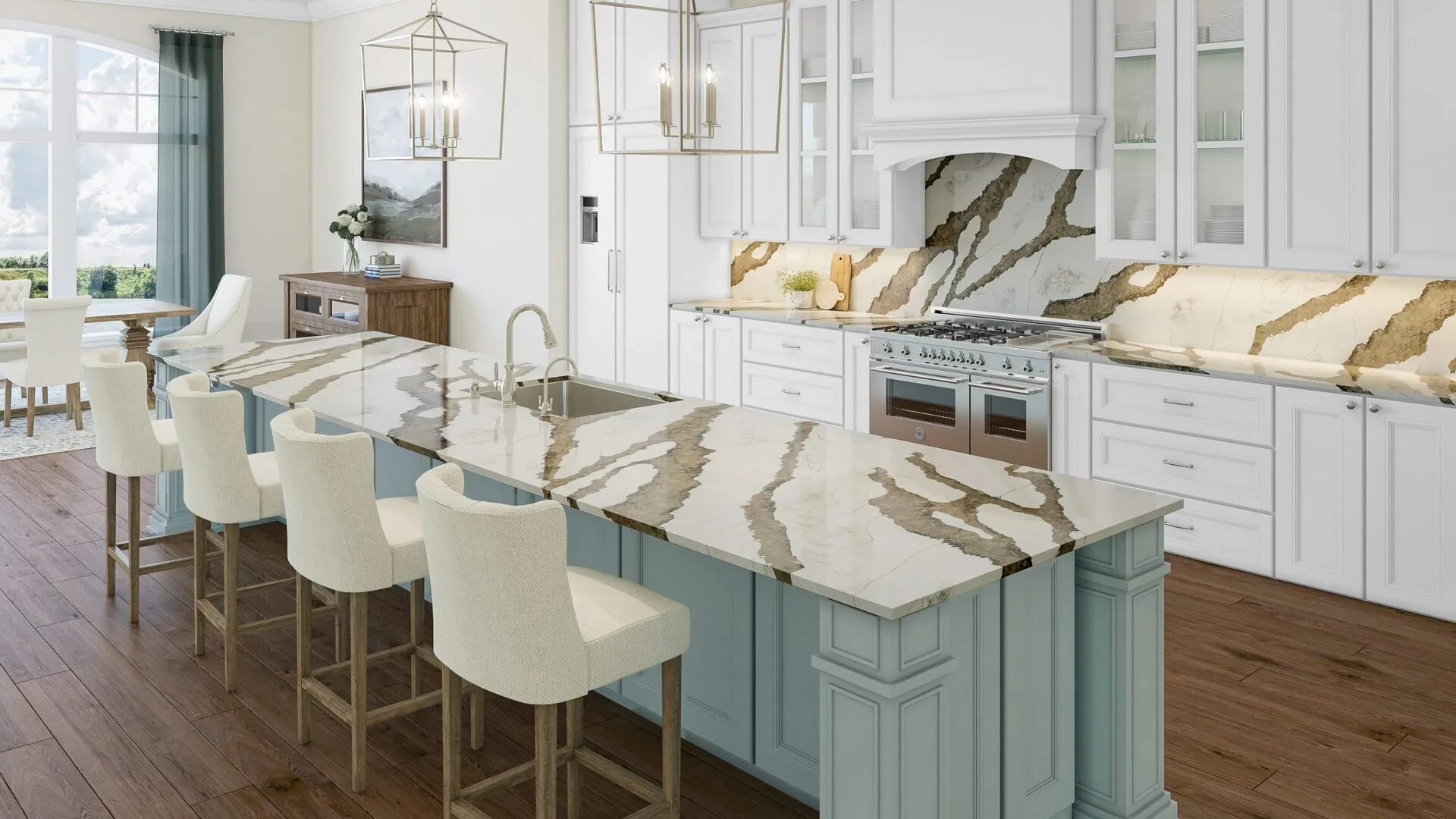 Image of installed PentalQuartz Atlas Ember White Quartz countertops