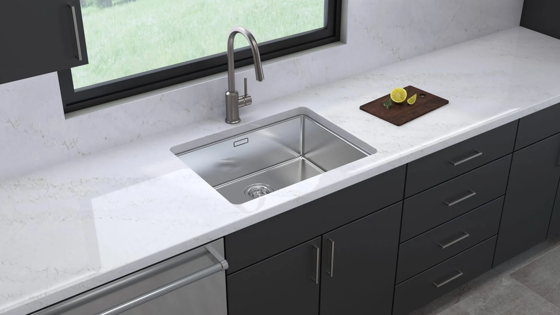 Image of installed PentalQuartz Atmos Gold White Quartz countertops